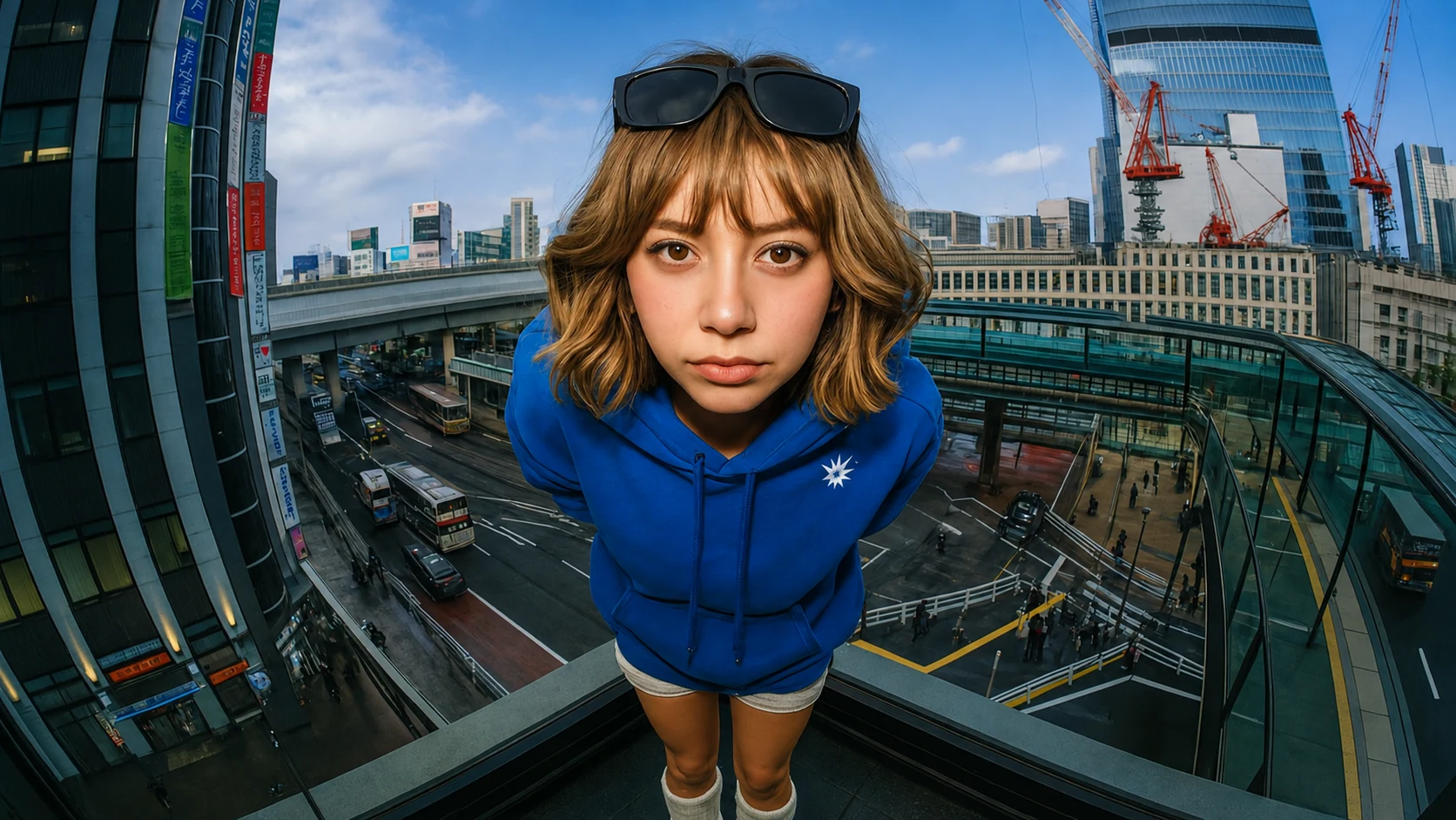 BLAZE blue hoodie campaign portrait on an urban bridge