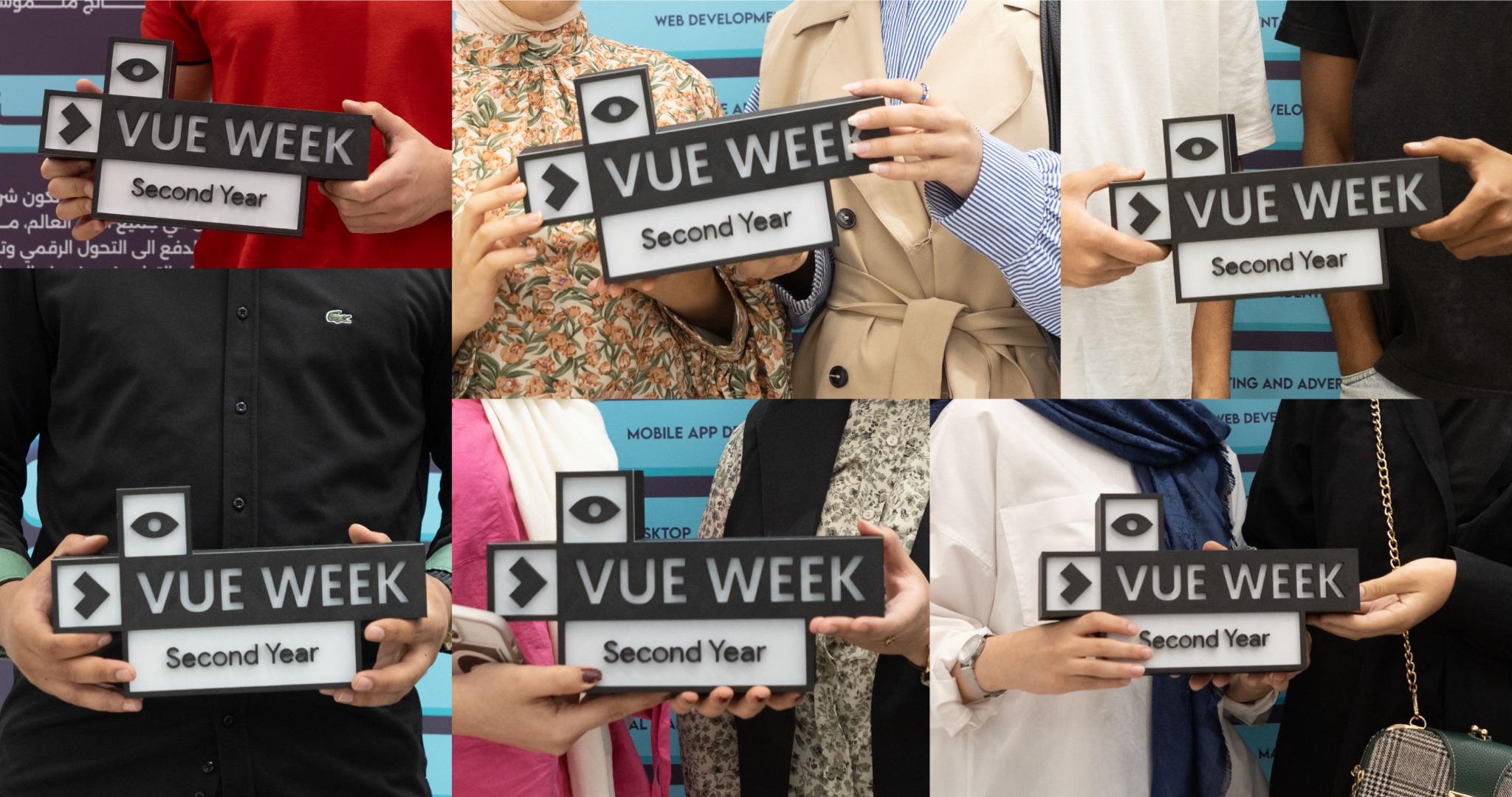 VUE WEEK attendees interacting with the event identity